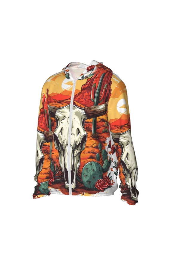 Western Desert Cactus Ram Skull Women's Men's UPF 50+ Sun Protection Hoodie Shirt Long Sleeve SPF Fishing Outdoor UV Hiking Lightweight Shirts-Small