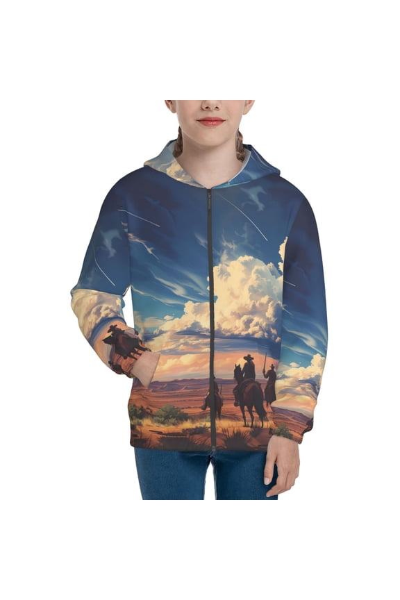 Western Desert Cloud Cowboy for Boys Fashion Full-zip Hoodies & Sweatshirts with Kangaroo Pocket,Zip-up Hooded Sweatshirt for Kid, Moisture Wicking & Breathable-Medium