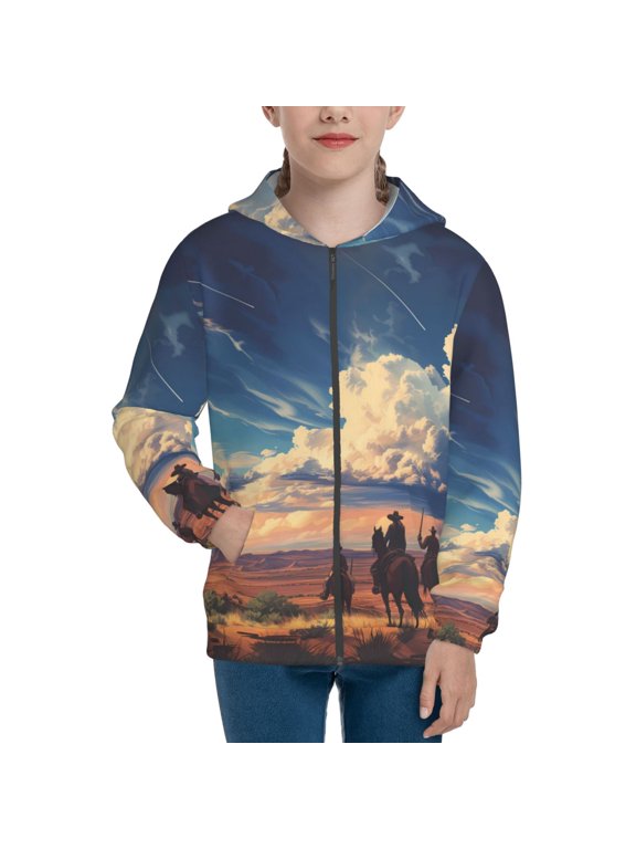 Western Desert Cloud Cowboy for Boys Fashion Full-zip Hoodies & Sweatshirts with Kangaroo Pocket,Zip-up Hooded Sweatshirt for Kid, Moisture Wicking & Breathable-Medium
