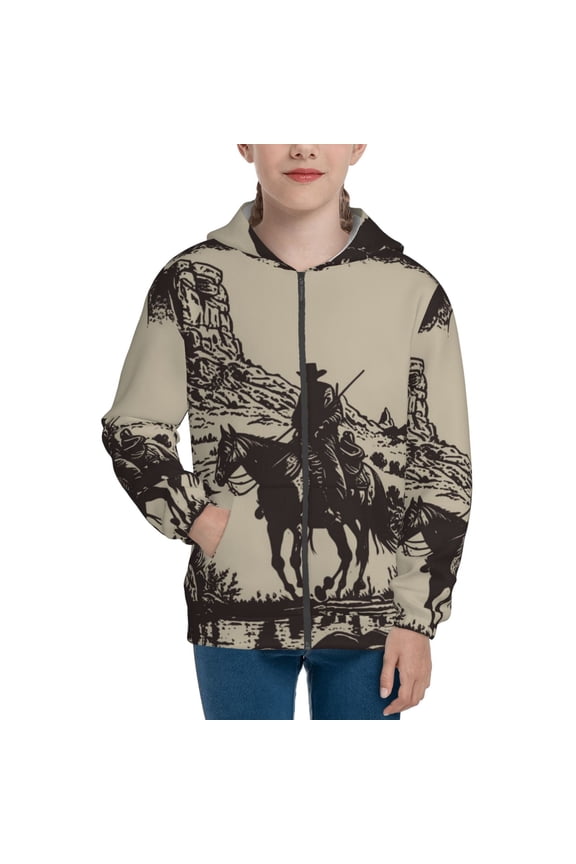 Western Desert Cowboy for Boys Fashion Full-zip Hoodies & Sweatshirts with Kangaroo Pocket,Zip-up Hooded Sweatshirt for Kid, Moisture Wicking & Breathable-Medium