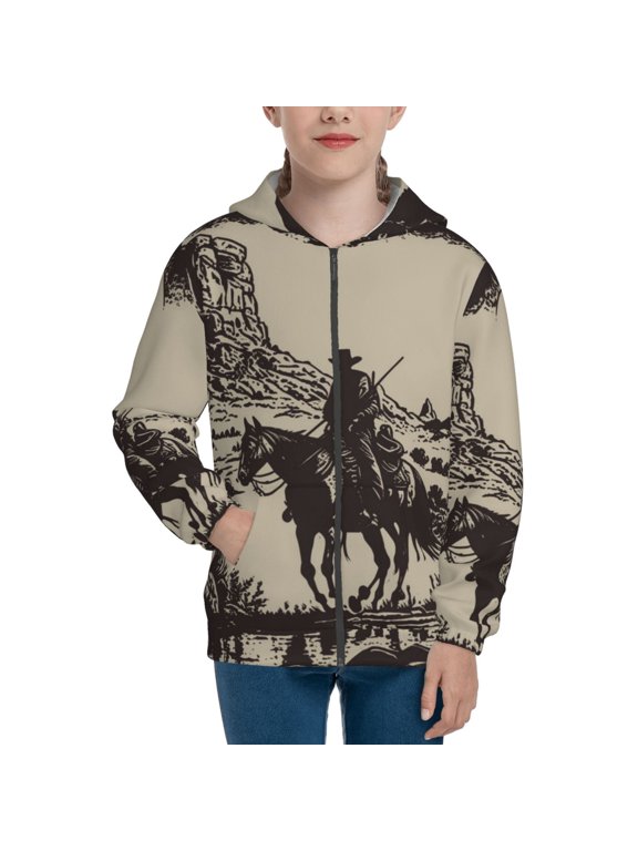 Western Desert Cowboy for Boys Fashion Full-zip Hoodies & Sweatshirts with Kangaroo Pocket,Zip-up Hooded Sweatshirt for Kid, Moisture Wicking & Breathable-Small