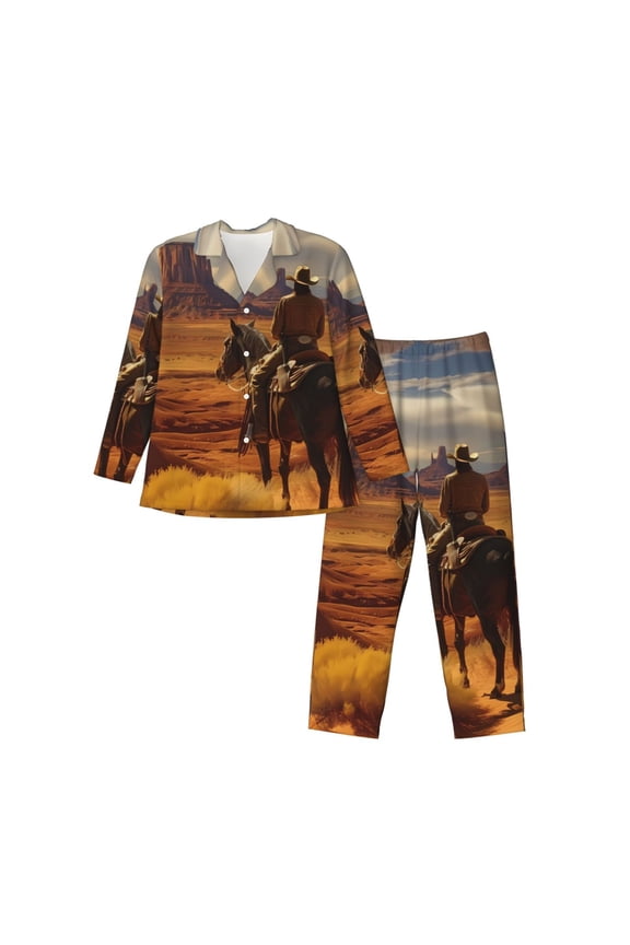 Western Desert Cowboy Cloud Pattern Men’s Long-Sleeve Sleepwear Set - Soft 2-Piece Loungewear with Pockets, Comfy PJs for Relaxing Nights-Large