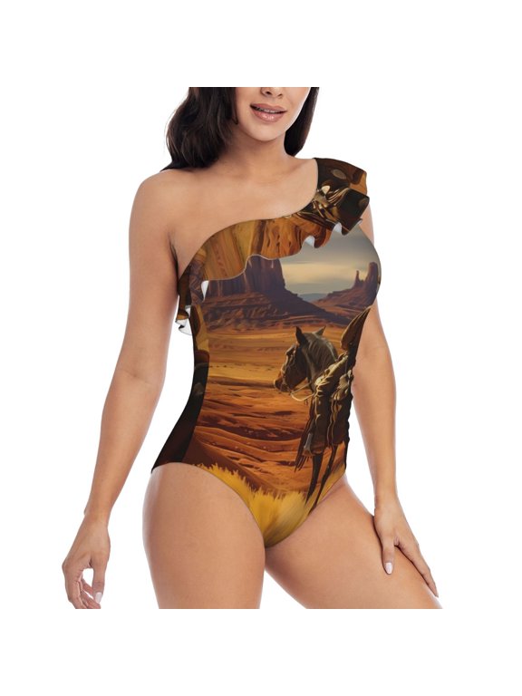 Western Desert Cowboy Cloud Pattern Women's One Piece Swimsuits,One Shoulder Swimwear Asymmetric ,Ruffle Monokinis Bathing Suits,High Waisted Flattering Bathing Suits-XX-Large