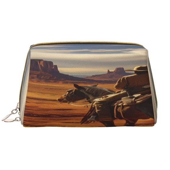 Picia Western Desert Cowboy Cloud Print Leather Makeup Bag Make Up Bag Travel Toiletry Bag for Her Girlfriend Teacher Teen Girl Gifts