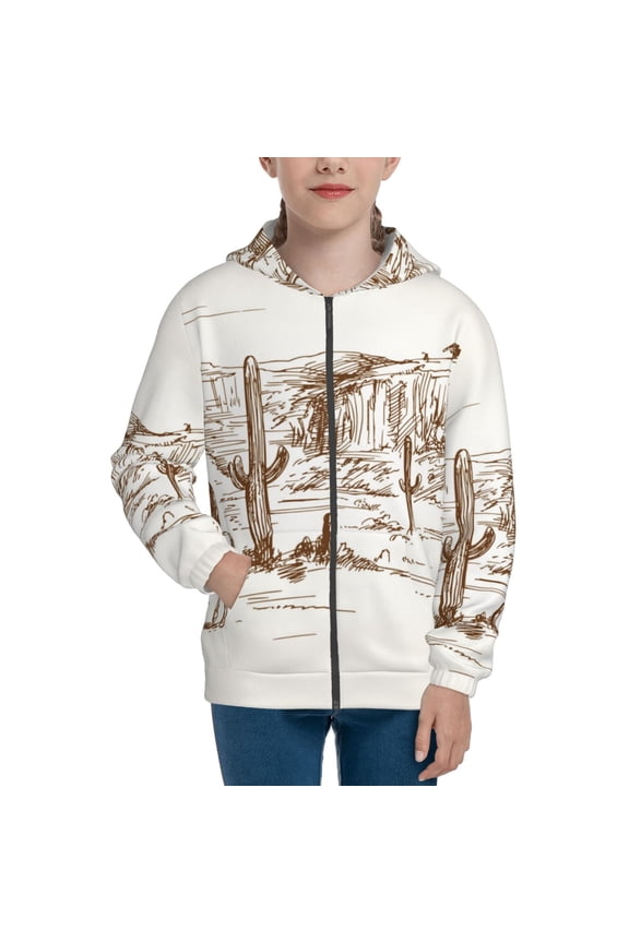 Western Desert Cowboys for Boys Fashion Full-zip Hoodies & Sweatshirts with Kangaroo Pocket,Zip-up Hooded Sweatshirt for Kid, Moisture Wicking & Breathable-Small