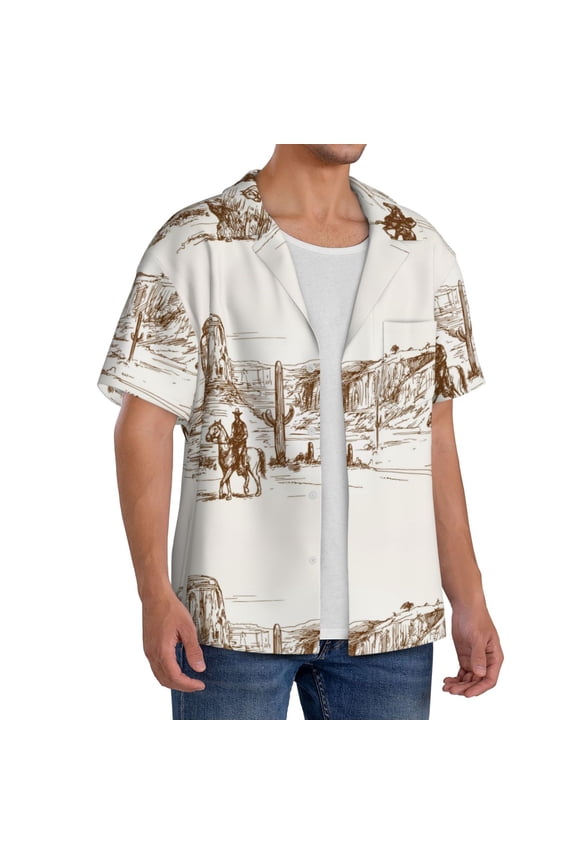 Western Desert Cowboys Men's Linen Shirts Short Sleeve Cuban Beach Shirts Casual Shirts Button Down Shirt for Men Beach Summer Wedding Shirt-Small
