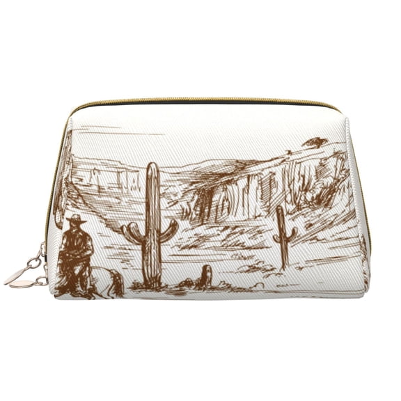 Picia Western Desert Cowboys Print Leather Makeup Bag Make Up Bag Travel Toiletry Bag for Her Girlfriend Teacher Teen Girl Gifts