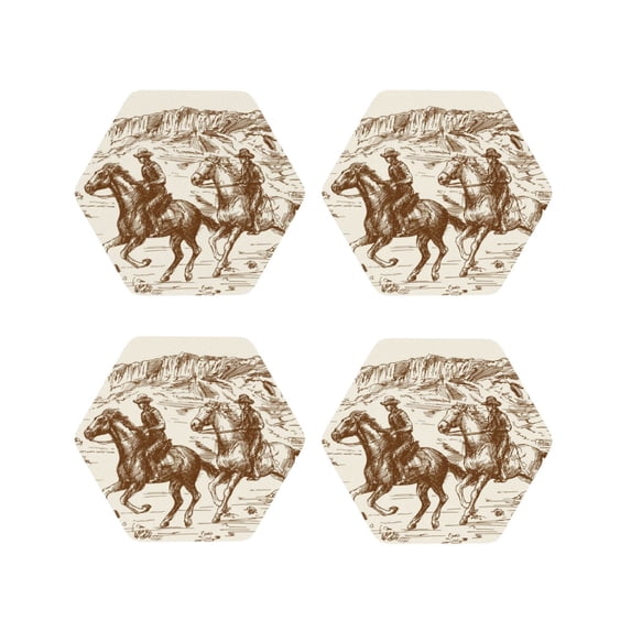 Picia Western Desert Cowboys1 Printed Leather Coasters for Drinks, 4" Drink Coasters Set of 4 for Tabletop Protection, Handmade Luxurious Home Décor and Housewarming Gift -Hexagon