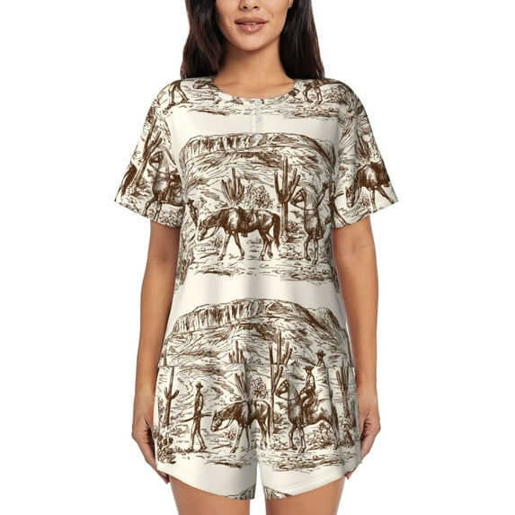 Picia Western Desert Cowboys2 Pajamas Sets for Women Soft Short-Sleeved Pjs with Lounge Shorts Two Piece Sleepwear-