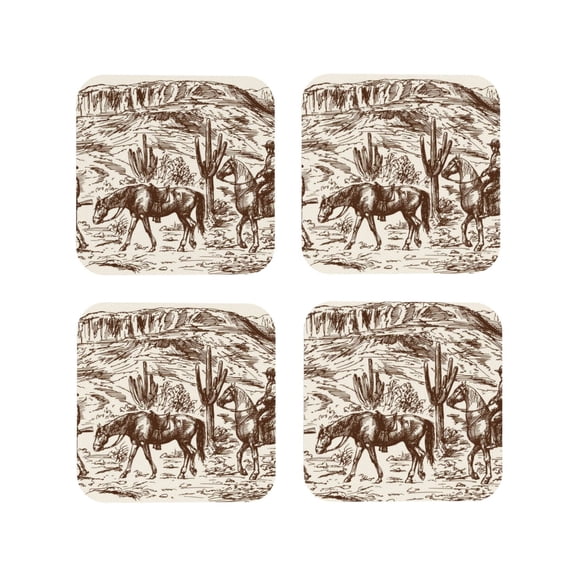 Picia Western Desert Cowboys2 Printed Leather Coasters for Drinks, 4" Drink Coasters Set of 4 for Tabletop Protection, Handmade Luxurious Home Décor and Housewarming Gift -Square