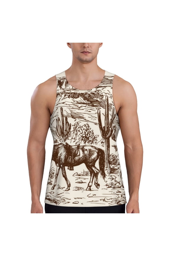 Western Desert Cowboys2 Printed Men’s Performance Tank, Men's Workout Tank Top Moisture-Wicking Tank Top Muscle tee, Breathable Workout Shirt-Medium