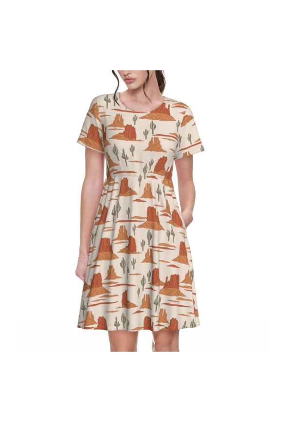 Western Desert Nature Landscape Pattern Women's Short Sleeve Summer Dress Pleated Loose Swing Knee Length Short Sleeve Swing Dresses