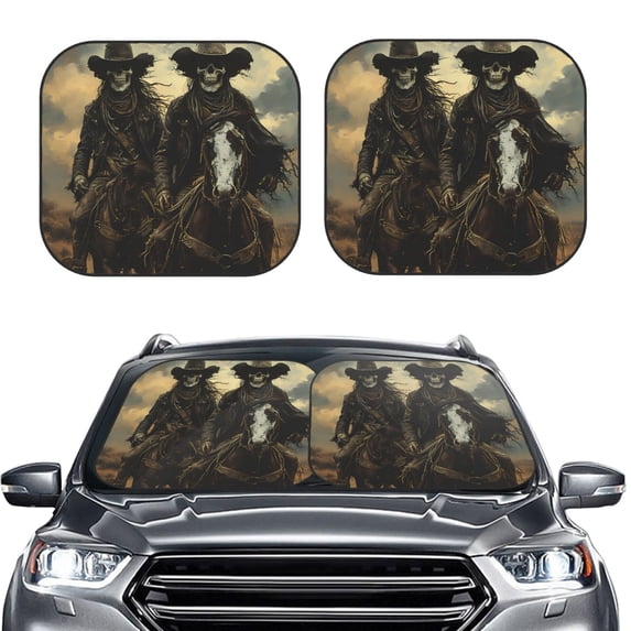 Picia Western Desert Skull Cowboy 2 Piece Car Windshield Sun Shade Foldable | Foldable Sun Shield for Front Window Blocks UV Rays and Keeps Your Vehicle Cool-Small