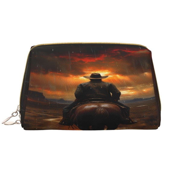 Picia Western Rainy Desert Cowboy Print Leather Makeup Bag Make Up Bag Travel Toiletry Bag for Her Girlfriend Teacher Teen Girl Gifts