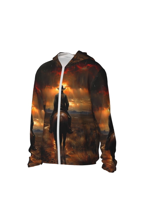 Western Rainy Desert Cowboy Women's Men's UPF 50+ Sun Protection Hoodie Shirt Long Sleeve SPF Fishing Outdoor UV Hiking Lightweight Shirts-3X-Large