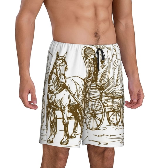 Picia Western Scenery With Old Wagon Pajama Shorts for Men, Men's Pajama Bottoms, Sleepwear,Short Pajama Pants-XX-Large
