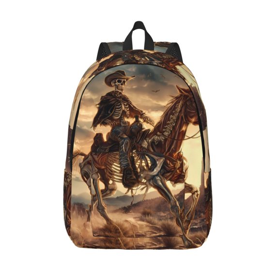 Picia Western Skeleton Cowboy Horse Printed Canvas Daypack - Stylish and Durable Vintage Compact Backpack - Class, Work, Travel, or Laptop Bookbag,Organized Compartments-Small