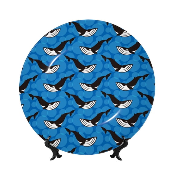 Picia Whale And Sea Pattern Bone China Decorative Plate – Wall Decor with Stand and Adhesive, Elegant Ornament for Living Room, Office, or Entryway-7in