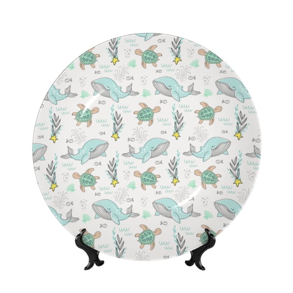 Picia Whale And Turtle Pattern Bone China Decorative Plate – Wall Decor with Stand and Adhesive, Elegant Ornament for Living Room, Office, or Entryway-8in