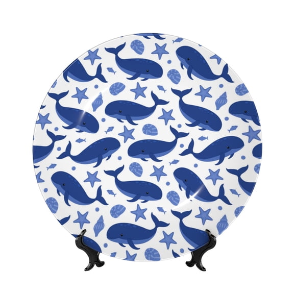 Picia Whale Pattern Bone China Decorative Plate – Wall Decor with Stand and Adhesive, Elegant Ornament for Living Room, Office, or Entryway-7in