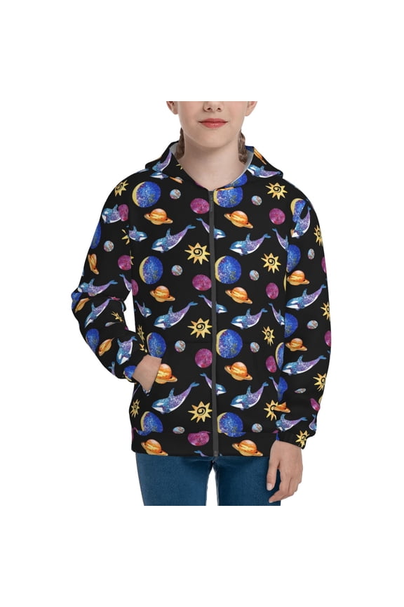 Whales In Space for Boys Fashion Full-zip Hoodies & Sweatshirts with Kangaroo Pocket,Zip-up Hooded Sweatshirt for Kid, Moisture Wicking & Breathable-Small