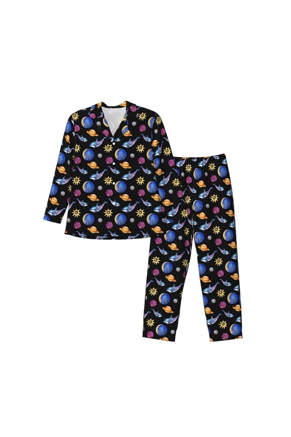 Whales In Space Pattern Men’s Long-Sleeve Sleepwear Set - Soft 2-Piece Loungewear with Pockets, Comfy PJs for Relaxing Nights-XX-Large