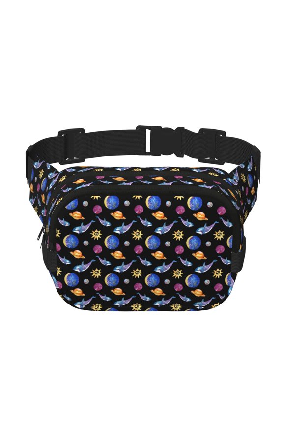 Whales In Space Print Square Double-Layer Waist Bag Mini Adjustable Waist Belt Bag Exercise Running Travel Hiking