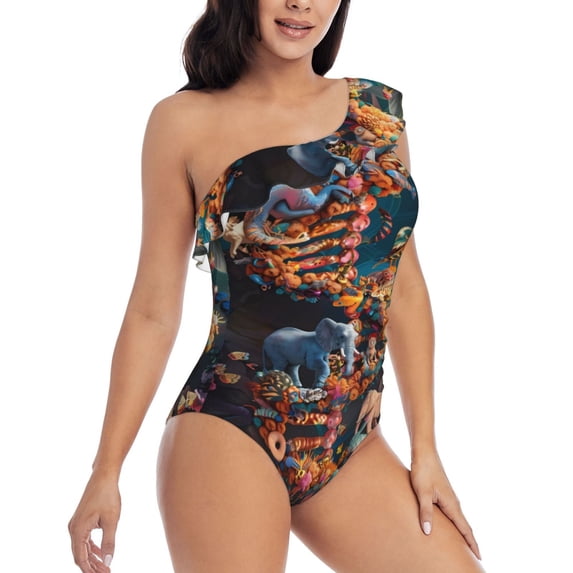 Picia Whimsical Animal Spiral Pattern Women's One Piece Swimsuits,One Shoulder Swimwear Asymmetric ,Ruffle Monokinis Bathing Suits,High Waisted Flattering Bathing Suits-Large