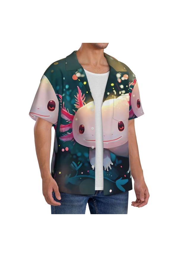 Whimsical Axolotl Fantasy Men's Linen Shirts Short Sleeve Cuban Beach Shirts Casual Shirts Button Down Shirt for Men Beach Summer Wedding Shirt-XX-Large