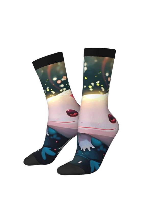 Whimsical Axolotl Fantasy Print Athletic Socks for Men & Women – Cushioned Moisture-Wicking Crew Socks for Sports, Running, and Training, Soft & Breathable Size 5-11