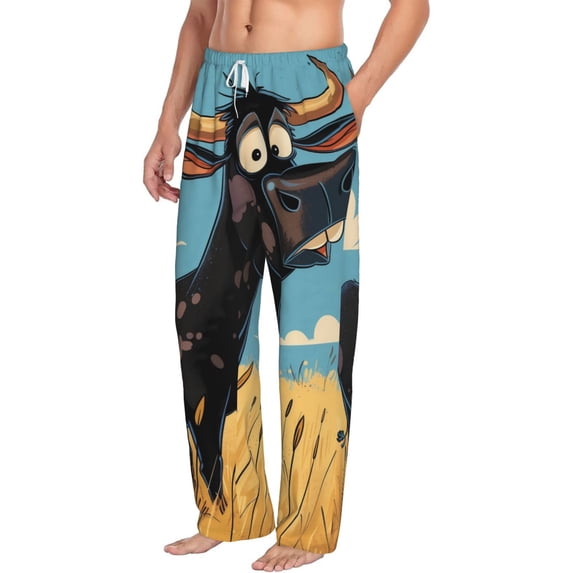 Picia Whimsical Cartoon Cow Mens Soft Woven Cotton Elastic Waistband Sleep Pajama Pant Lounge Sleep Pant With Pockets And Drawstring-XX-Large