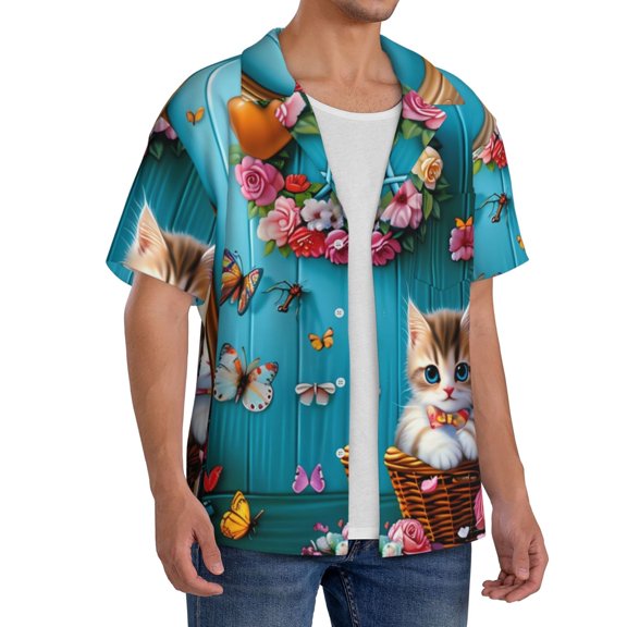 Picia Whimsical Cats and Flowers Scene Men's Linen Shirts Short Sleeve Cuban Beach Shirts Casual Shirts Button Down Shirt for Men Beach Summer Wedding Shirt-X-Large
