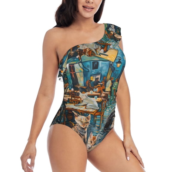 Picia Whimsical Cats Night Cafe Pattern Women's One Piece Swimsuits,One Shoulder Swimwear Asymmetric ,Ruffle Monokinis Bathing Suits,High Waisted Flattering Bathing Suits-Medium