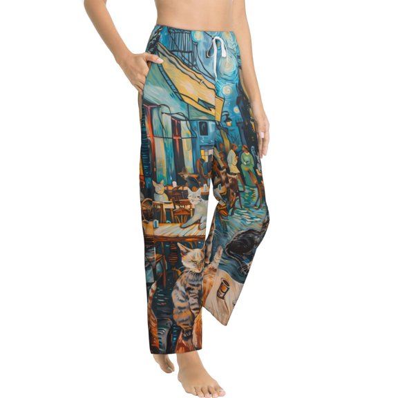 Picia Whimsical Cats Night Cafe Womens Soft Woven Cotton Elastic Waistband Sleep Pajama Pant Lounge Sleep Pant With Pockets And Drawstring-Medium