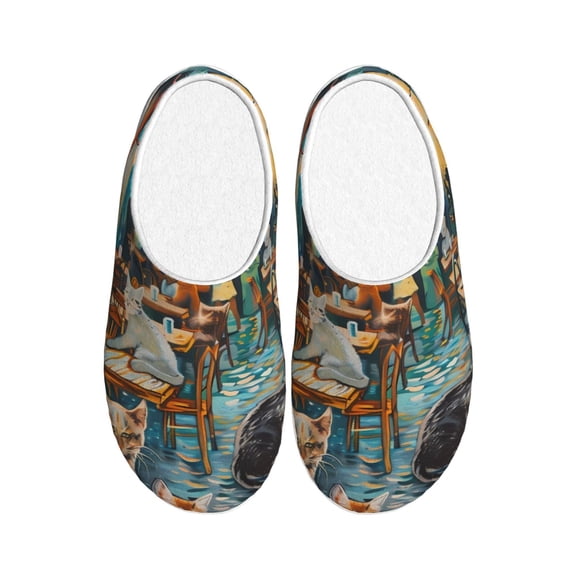 Picia Whimsical Cats Night Cafe for Women's Lamb-hug Comfy Fleece House Slippers Memory Foam, Slip-on House Shoes Indoor Outdoor-42/43