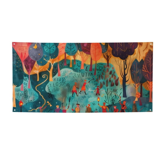 Picia Whimsical Forest Scene Pattern Party Banner, Festive Decoration, Holiday Banner, Celebration Decor, Event Banner, Reusable Party Banner-Small
