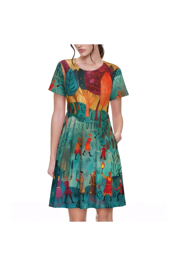 Whimsical Forest Scene Pattern Women's Short Sleeve Summer Dress Pleated Loose Swing Knee Length Short Sleeve Swing Dresses