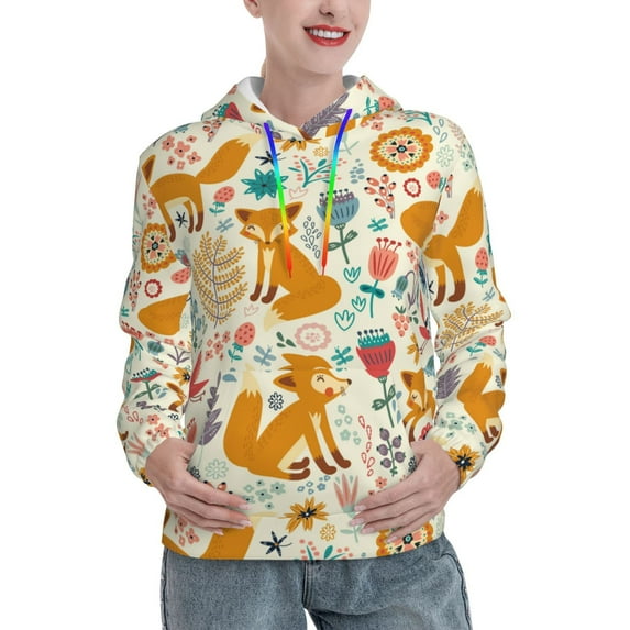 Picia Whimsical Fox Floral Garden Pattern Casual Women's Hoodie, Hooded Sweatshirt with Kangaroo Pocket, Comfortable Pullover with Eye-catching Drawstrings-Medium
