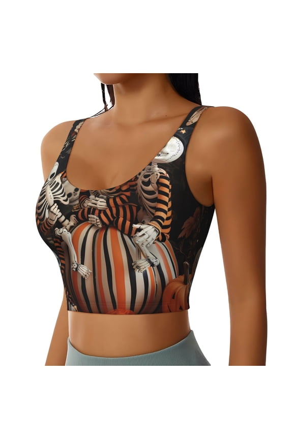 Whimsical Halloween Skeletons Sports Bra for Women,Padded Strappy Sports Bras Medium Support Yoga Bra with Removable Cups,Running Yoga Bra-Large