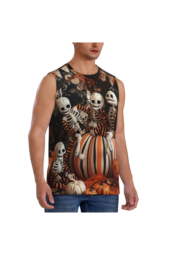 Whimsical Halloween Skeletons mens Cotton Tank Undershirts , Moisture-wicking Ribbed Tanks, Lightweight Cotton Tank Undershirts-X-Large