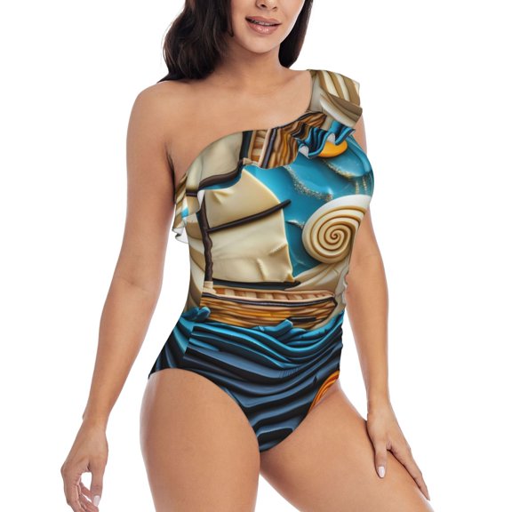 Picia Whimsical Sailboat Ocean Art Pattern Women's One Piece Swimsuits,One Shoulder Swimwear Asymmetric ,Ruffle Monokinis Bathing Suits,High Waisted Flattering Bathing Suits-Small