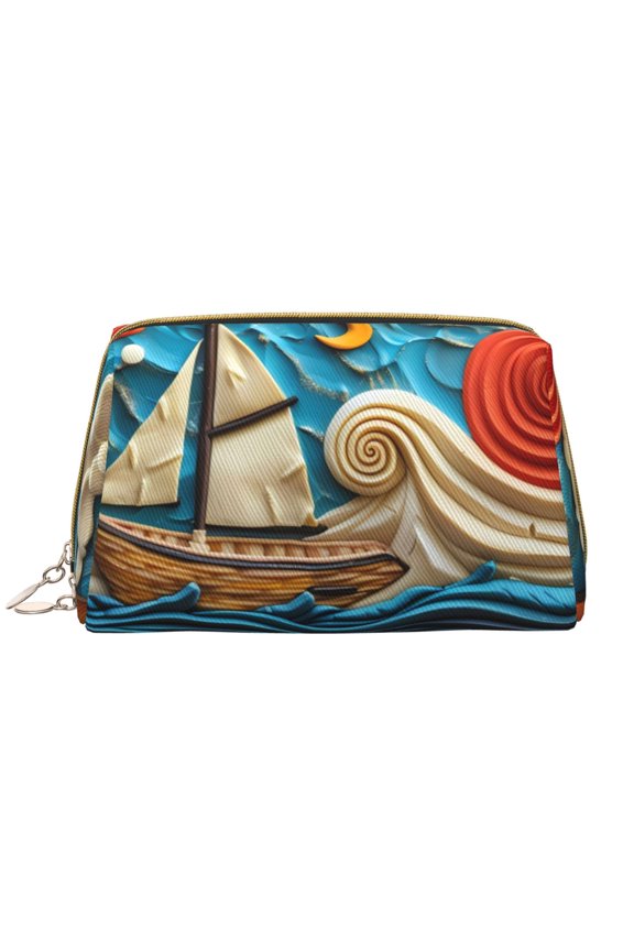 Whimsical Sailboat Ocean Art Print Leather Makeup Bag Make Up Bag Travel Toiletry Bag for Her Girlfriend Teacher Teen Girl Gifts