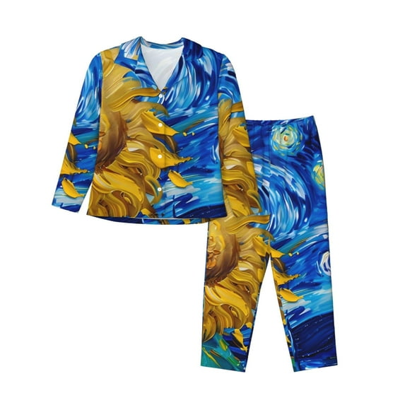 Picia Whimsical Sunflowers Night Sky Pattern Women’s Long-Sleeve Sleepwear Set - Soft 2-Piece Loungewear with Pockets, Comfy PJs for Relaxing Nights-Large