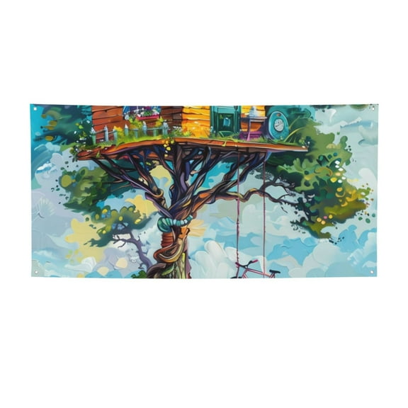 Picia Whimsical Treehouse Painting Pattern Party Banner, Festive Decoration, Holiday Banner, Celebration Decor, Event Banner, Reusable Party Banner-Small