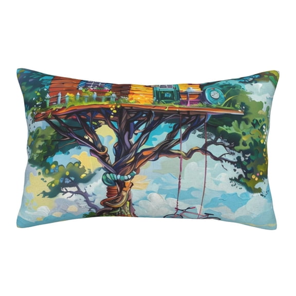 Picia Whimsical Treehouse Painting Pattern Plush Pillow Case – Soft and Cozy Cushion Cover, Hypoallergenic Throw Pillow Case for Home Decor-20"x30"