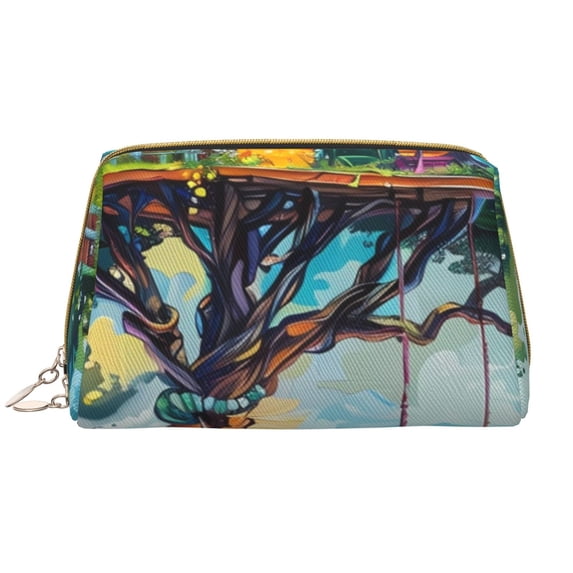 Picia Whimsical Treehouse Painting Print Leather Makeup Bag Make Up Bag Travel Toiletry Bag for Her Girlfriend Teacher Teen Girl Gifts