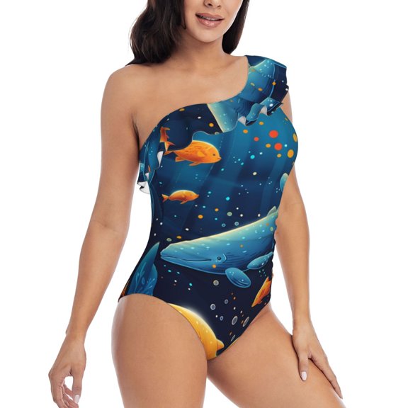 Picia Whimsical Underwater Fantasy Pattern Women's One Piece Swimsuits,One Shoulder Swimwear Asymmetric ,Ruffle Monokinis Bathing Suits,High Waisted Flattering Bathing Suits-Large
