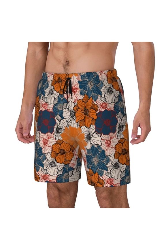 Whimsical peony blossom Pattern Mens Swim Trunks with Compression Liner Stretch Beach Shorts Quick Dry with Zipper Pockets No-Chafing Board Shorts-Small