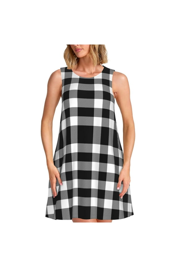 White And Black Plaid Print Women’s Sleeveless Midi Swing Dress – A-Line Pleated Tank Sundress, Comfortable and Flowy T-Shirt Dress