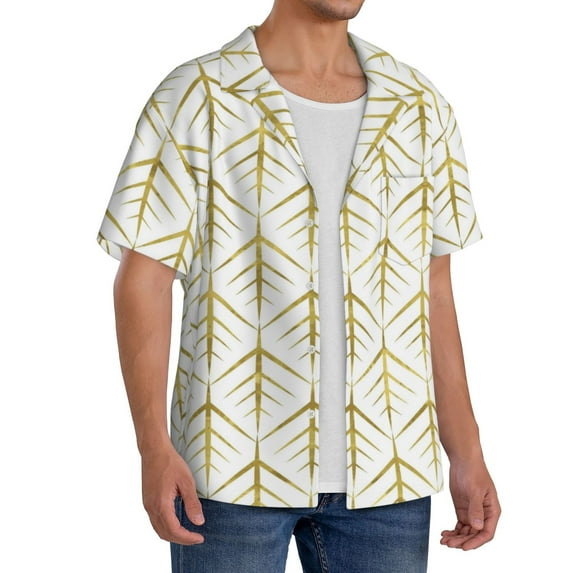 Picia White And Gold Geometry Men's Linen Shirts Short Sleeve Cuban Beach Shirts Casual Shirts Button Down Shirt for Men Beach Summer Wedding Shirt-X-Large